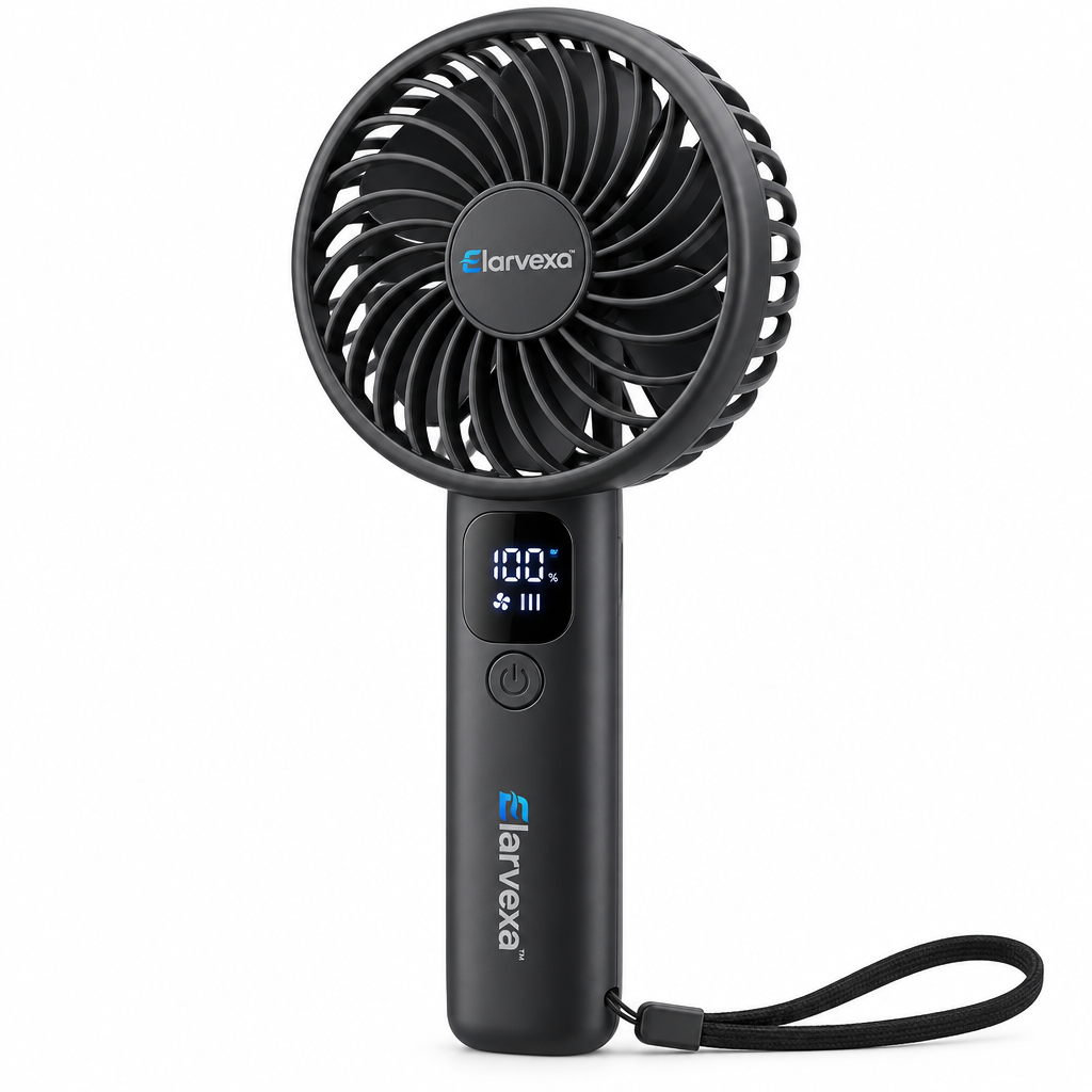 Elarvexa™ AirDial Portable Handheld Fan – 3-Speed Rechargeable Personal Fan with Digital Battery Display, Adjustable Head, USB-C Charging & Wrist Strap