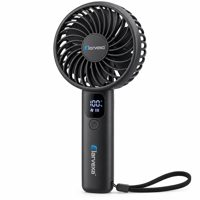 Elarvexa™ AirDial Portable Handheld Fan – 3-Speed Rechargeable Personal Fan with Digital Battery Display, Adjustable Head, USB-C Charging & Wrist Strap
