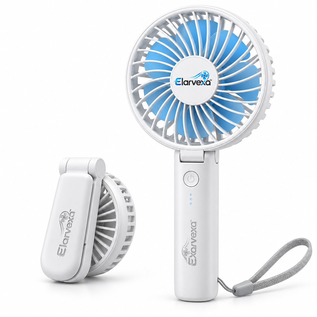 Elarvexa™ FoldGo 180° Portable Fan – 3-Speed Rechargeable Handheld & Desktop Fan with Foldable Design, Adjustable Head, Lightweight Body & Wrist Strap