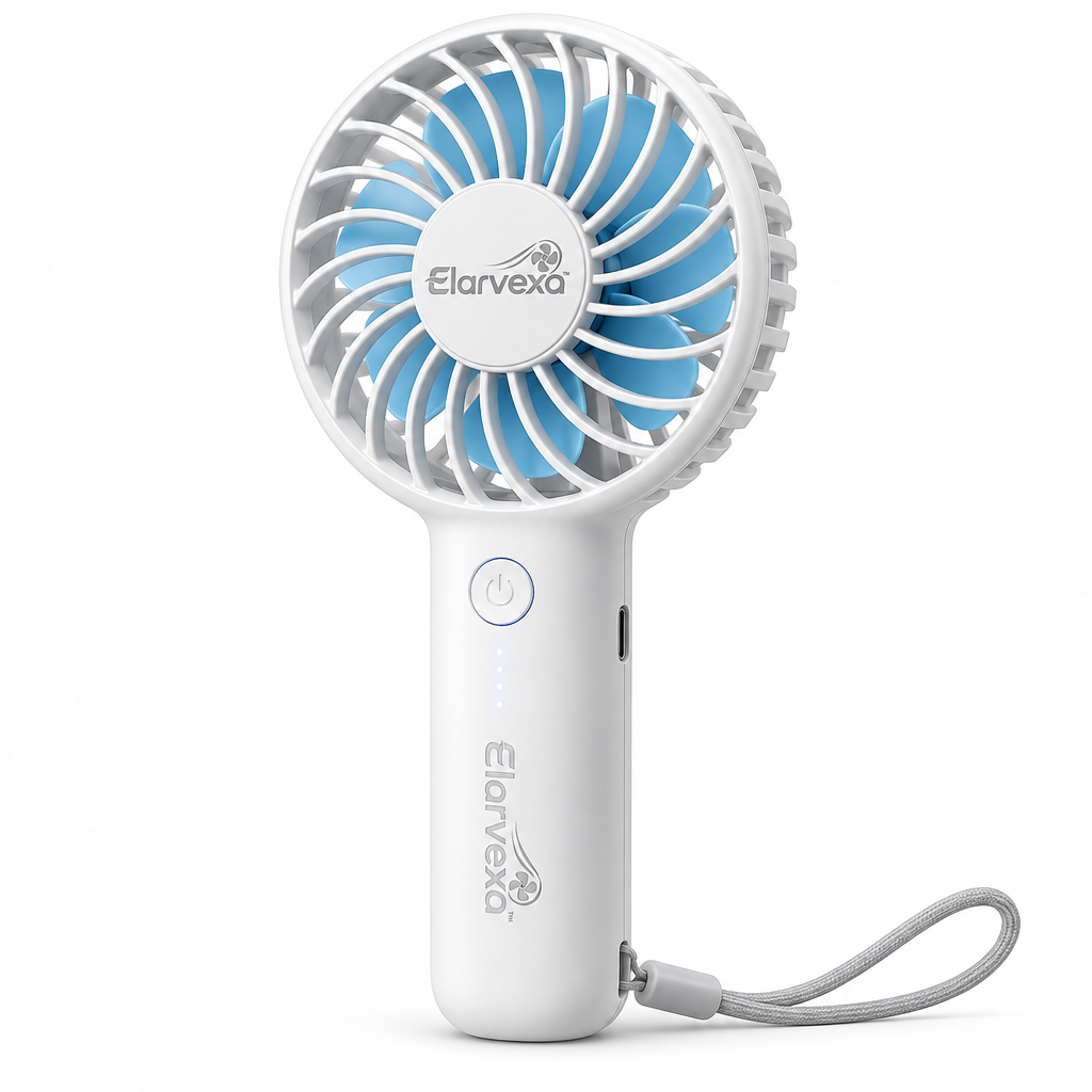 Elarvexa™ BreezeMate Portable Handheld Fan – Rechargeable Personal Cooling Fan with USB-C Charging, Adjustable Head, Lightweight Body & Carry Lanyard