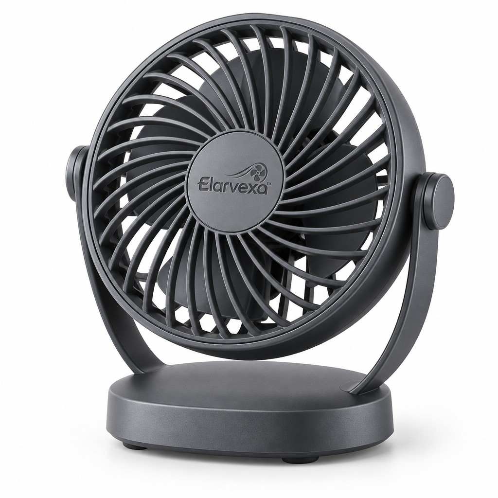 Elarvexa™ PivotAir Compact USB Desk Fan – Powerful Personal Airflow with 180° Vertical Tilt, Low-Noise Operation & Space-Saving Desktop Base