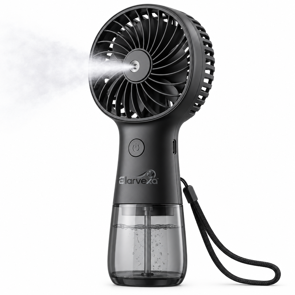 Elarvexa™ ChillMist Portable Misting Fan – Rechargeable Handheld Cooling Fan with Fine Mist Spray, 3-Speed Airflow, Visible Water Tank, 45° Adjustable Head & USB-C Charging
