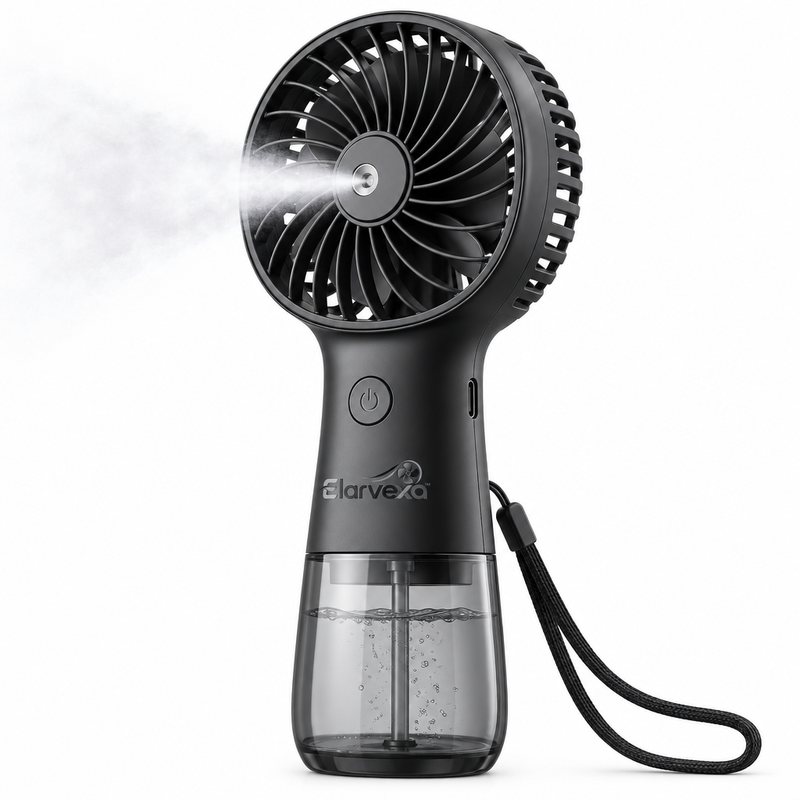 Elarvexa™ ChillMist Portable Misting Fan – Rechargeable Handheld Cooling Fan with Fine Mist Spray, 3-Speed Airflow, Visible Water Tank, 45° Adjustable Head & USB-C Charging