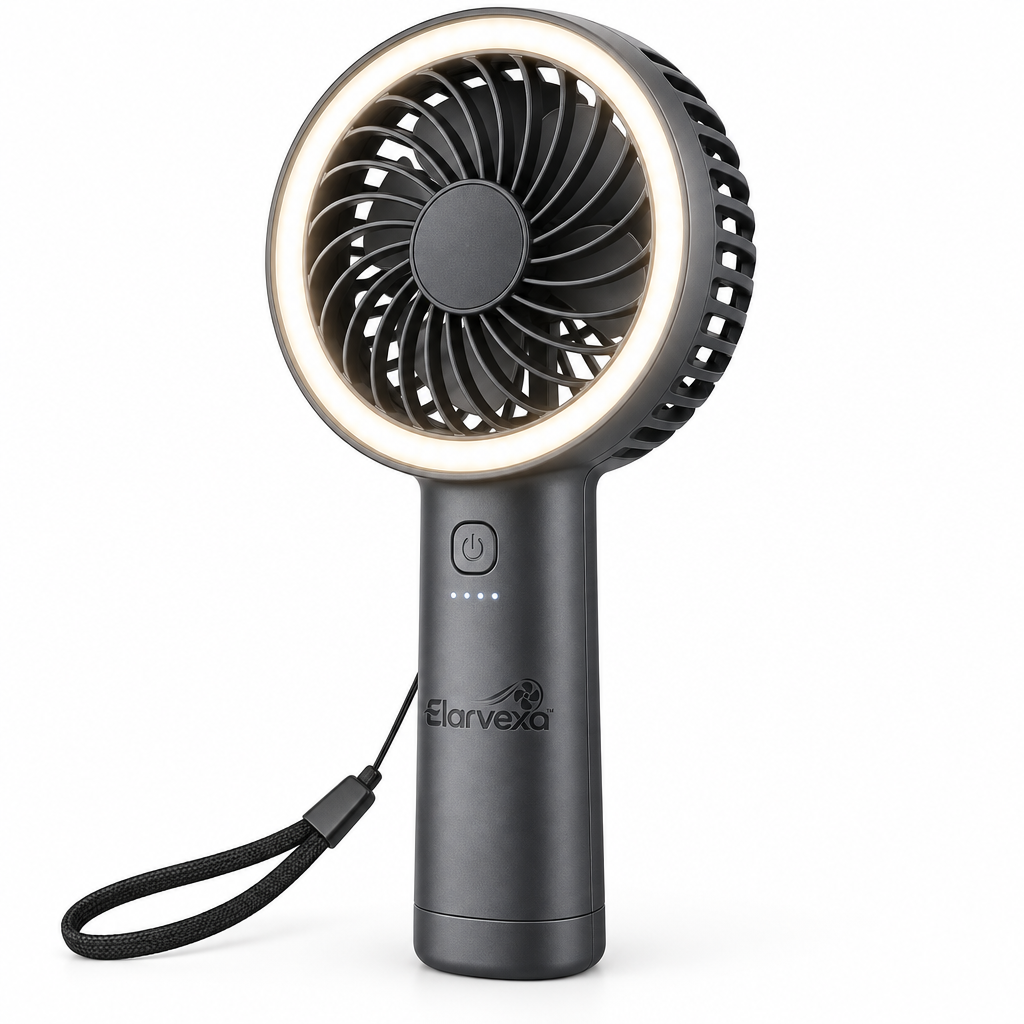 Elarvexa™ LumiBreeze Portable Fan with LED Ring Light – Handheld Personal Cooling Fan with Powerful Airflow, Built-In Light, Long-Lasting Battery & Travel-Friendly Design