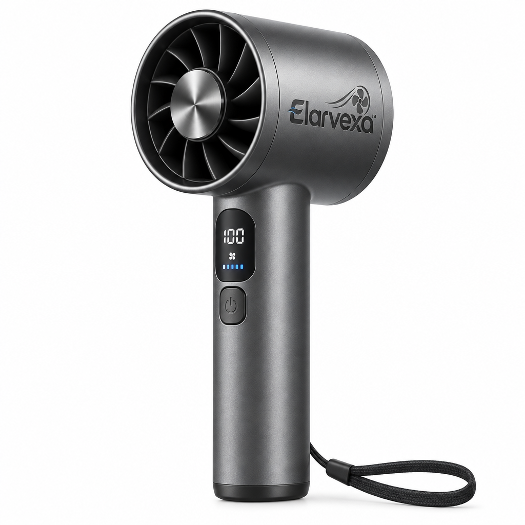 Elarvexa™ AeroPulse Handheld Turbo Fan – High-Speed Portable Personal Fan with LED Digital Display, Rechargeable Battery & Compact Travel Design