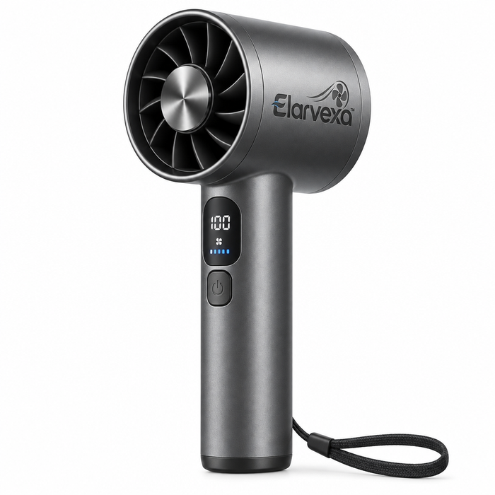 Elarvexa™ AeroPulse Handheld Turbo Fan – High-Speed Portable Personal Fan with LED Digital Display, Rechargeable Battery & Compact Travel Design