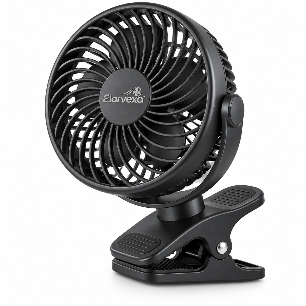 Elarvexa™ FlexGrip 360° Clip Fan – Portable Personal Cooling Fan with Strong Airflow, 180° Vertical Tilt, 360° Rotation, Wide Clamp & Quiet Operation