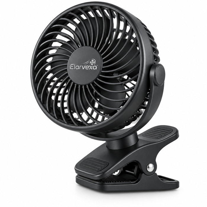 Elarvexa™ FlexGrip 360° Clip Fan – Portable Personal Cooling Fan with Strong Airflow, 180° Vertical Tilt, 360° Rotation, Wide Clamp & Quiet Operation