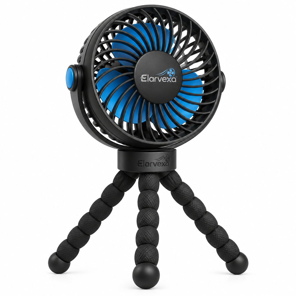 Elarvexa™ FlexPod Portable Tripod Fan – 3-Speed Personal Cooling Fan with Flexible Wraparound Legs, 360° Adjustable Airflow & Quiet Compact Design