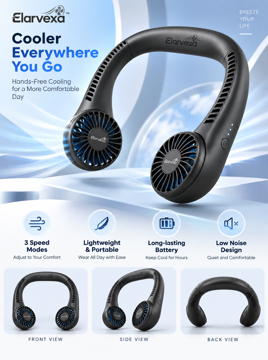 Elarvexa™ AirLoop Hands-Free Neck Fan – 3-Speed Portable Personal Cooling Fan with Dual Airflow, Lightweight Design & Low-Noise Operation