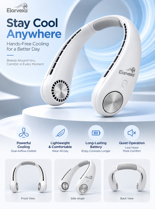 Elarvexa™ AeroHalo Wearable Neck Fan – Hands-Free Personal Cooling Fan with Dual Airflow, Lightweight Comfort, Quiet Operation & Rechargeable Battery