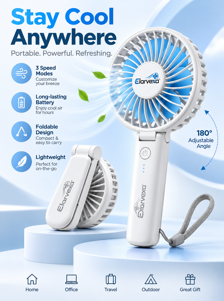 Elarvexa™ FoldGo 180° Portable Fan – 3-Speed Rechargeable Handheld & Desktop Fan with Foldable Design, Adjustable Head, Lightweight Body & Wrist Strap