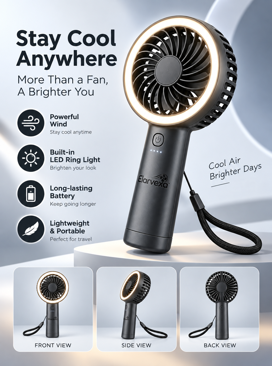 Elarvexa™ LumiBreeze Portable Fan with LED Ring Light – Handheld Personal Cooling Fan with Powerful Airflow, Built-In Light, Long-Lasting Battery & Travel-Friendly Design