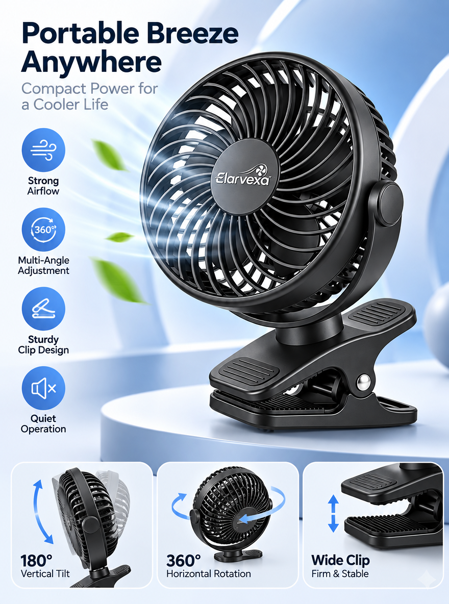 Elarvexa™ FlexGrip 360° Clip Fan – Portable Personal Cooling Fan with Strong Airflow, 180° Vertical Tilt, 360° Rotation, Wide Clamp & Quiet Operation