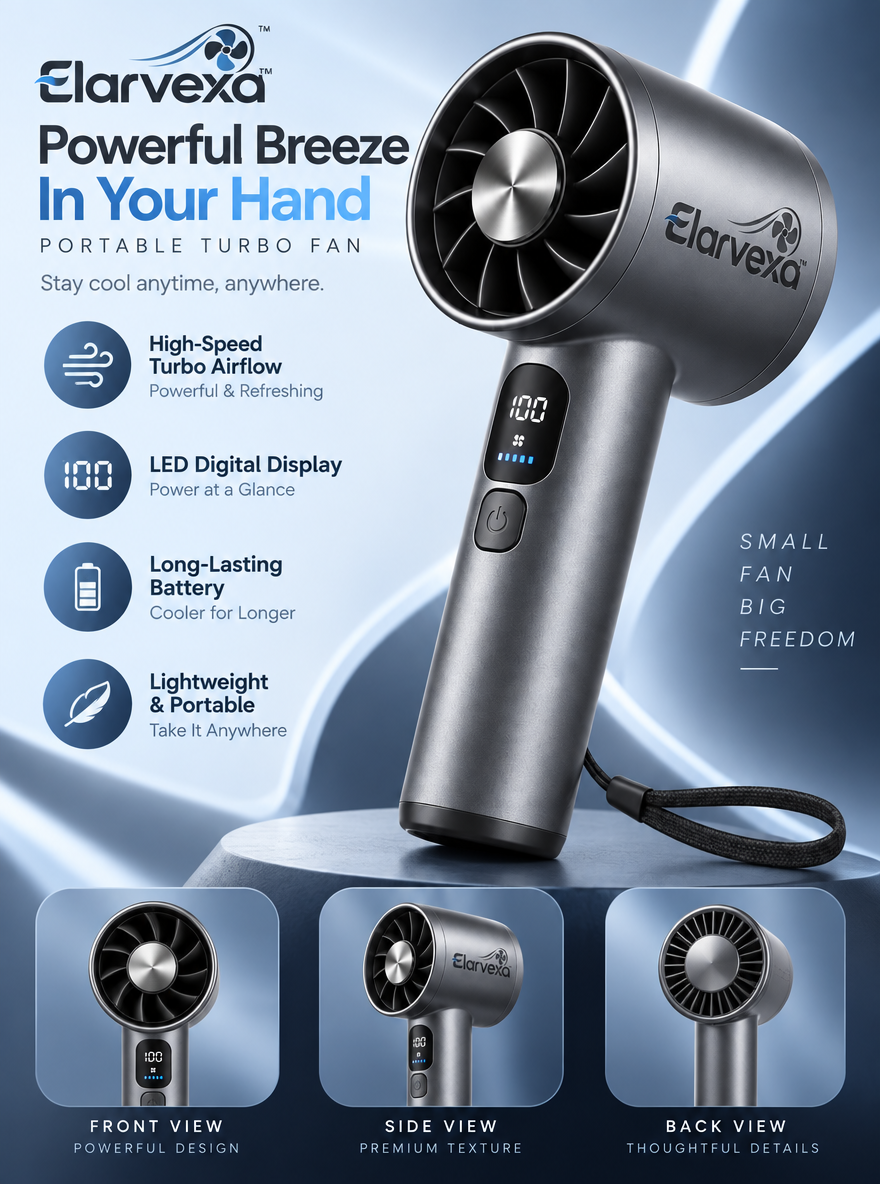 Elarvexa™ AeroPulse Handheld Turbo Fan – High-Speed Portable Personal Fan with LED Digital Display, Rechargeable Battery & Compact Travel Design