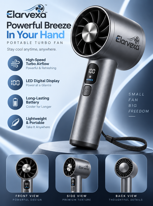 Elarvexa™ AeroPulse Handheld Turbo Fan – High-Speed Portable Personal Fan with LED Digital Display, Rechargeable Battery & Compact Travel Design