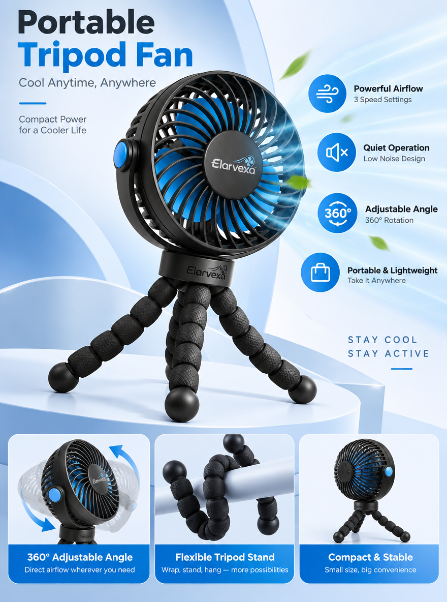 Elarvexa™ FlexPod Portable Tripod Fan – 3-Speed Personal Cooling Fan with Flexible Wraparound Legs, 360° Adjustable Airflow & Quiet Compact Design