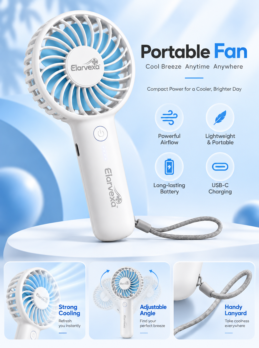 Elarvexa™ BreezeMate Portable Handheld Fan – Rechargeable Personal Cooling Fan with USB-C Charging, Adjustable Head, Lightweight Body & Carry Lanyard