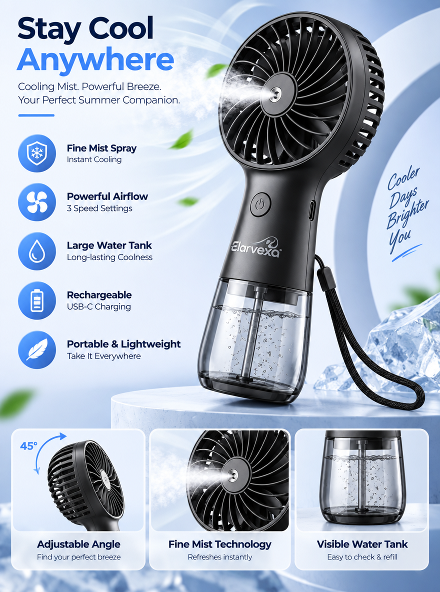 Elarvexa™ ChillMist Portable Misting Fan – Rechargeable Handheld Cooling Fan with Fine Mist Spray, 3-Speed Airflow, Visible Water Tank, 45° Adjustable Head & USB-C Charging