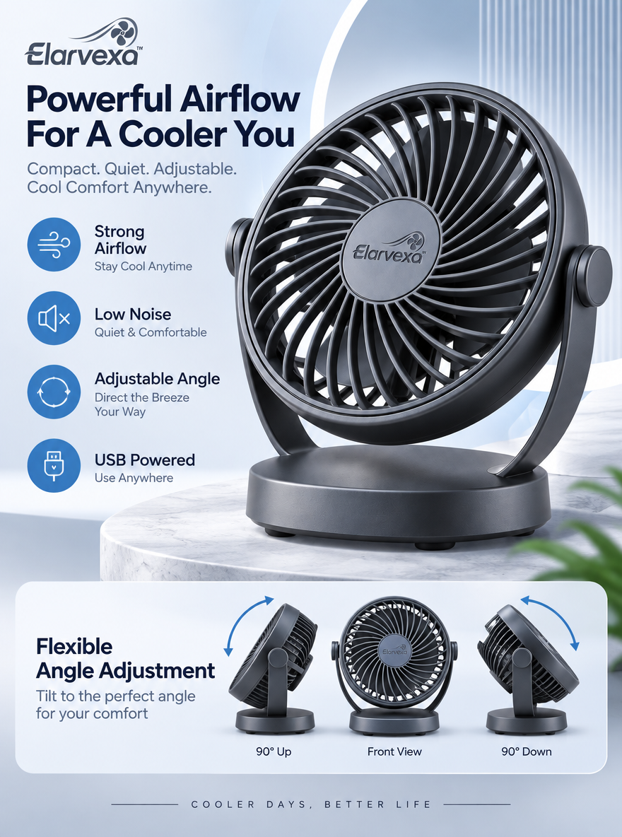 Elarvexa™ PivotAir Compact USB Desk Fan – Powerful Personal Airflow with 180° Vertical Tilt, Low-Noise Operation & Space-Saving Desktop Base