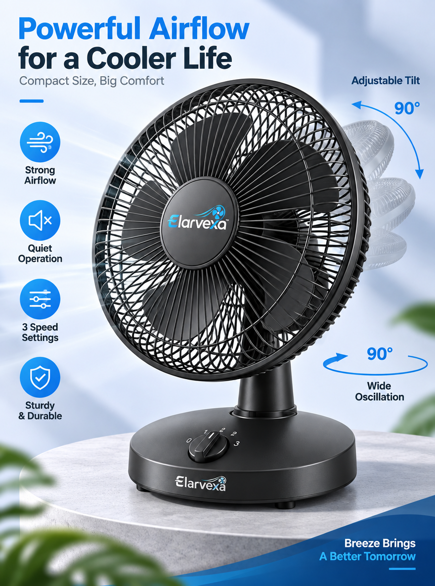 Elarvexa™ AeroSwing Oscillating Desk Fan – 3-Speed Personal Cooling Fan with 90° Wide Oscillation, 90° Adjustable Tilt, Quiet Operation & Stable Desktop Base