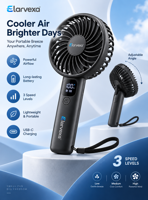 Elarvexa™ AirDial Portable Handheld Fan – 3-Speed Rechargeable Personal Fan with Digital Battery Display, Adjustable Head, USB-C Charging & Wrist Strap