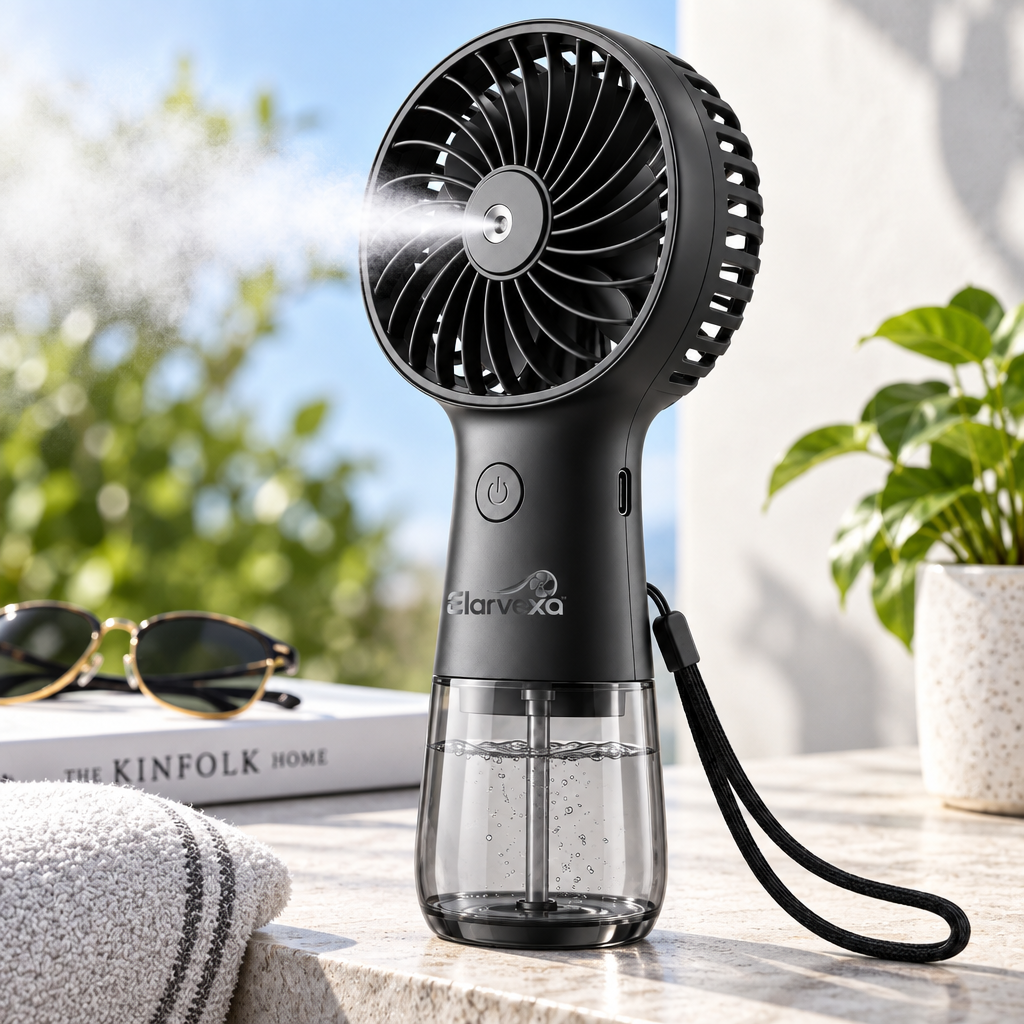 Elarvexa™ ChillMist Portable Misting Fan – Rechargeable Handheld Cooling Fan with Fine Mist Spray, 3-Speed Airflow, Visible Water Tank, 45° Adjustable Head & USB-C Charging