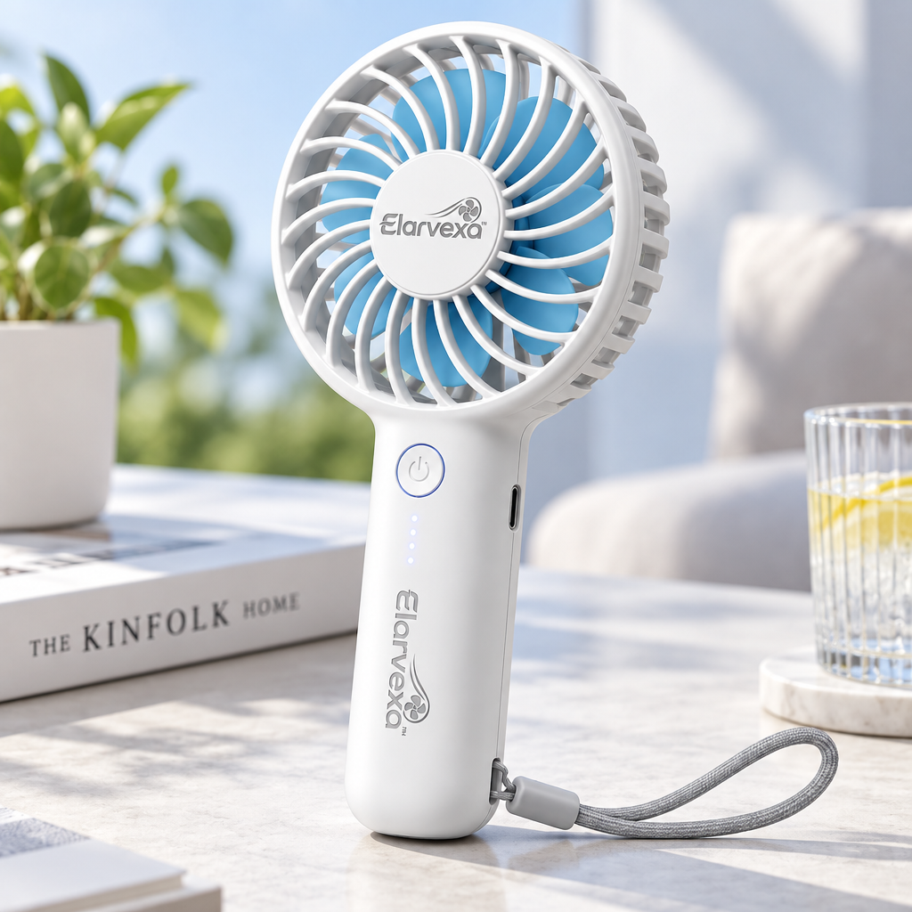 Elarvexa™ BreezeMate Portable Handheld Fan – Rechargeable Personal Cooling Fan with USB-C Charging, Adjustable Head, Lightweight Body & Carry Lanyard