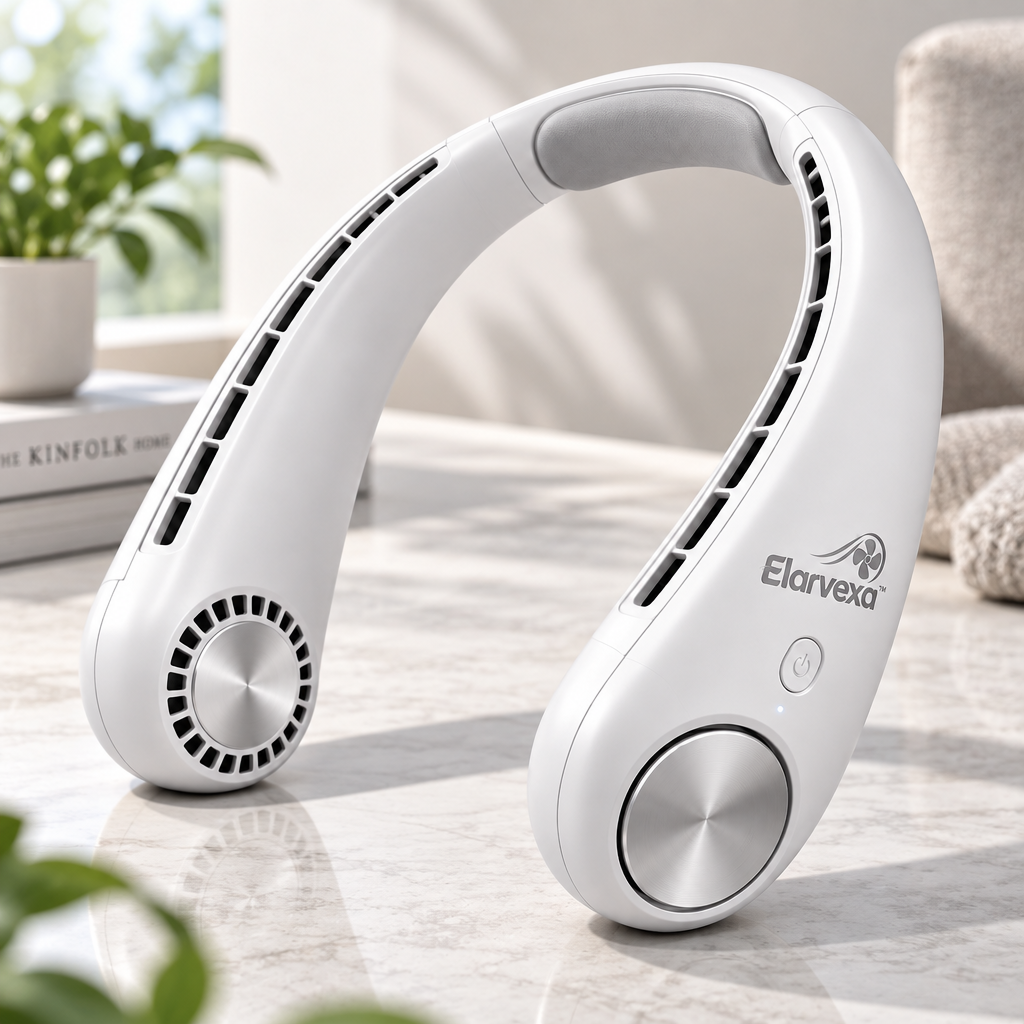 Elarvexa™ AeroHalo Wearable Neck Fan – Hands-Free Personal Cooling Fan with Dual Airflow, Lightweight Comfort, Quiet Operation & Rechargeable Battery