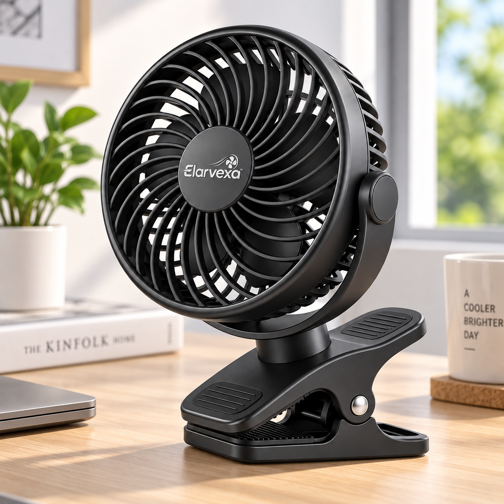 Elarvexa™ FlexGrip 360° Clip Fan – Portable Personal Cooling Fan with Strong Airflow, 180° Vertical Tilt, 360° Rotation, Wide Clamp & Quiet Operation