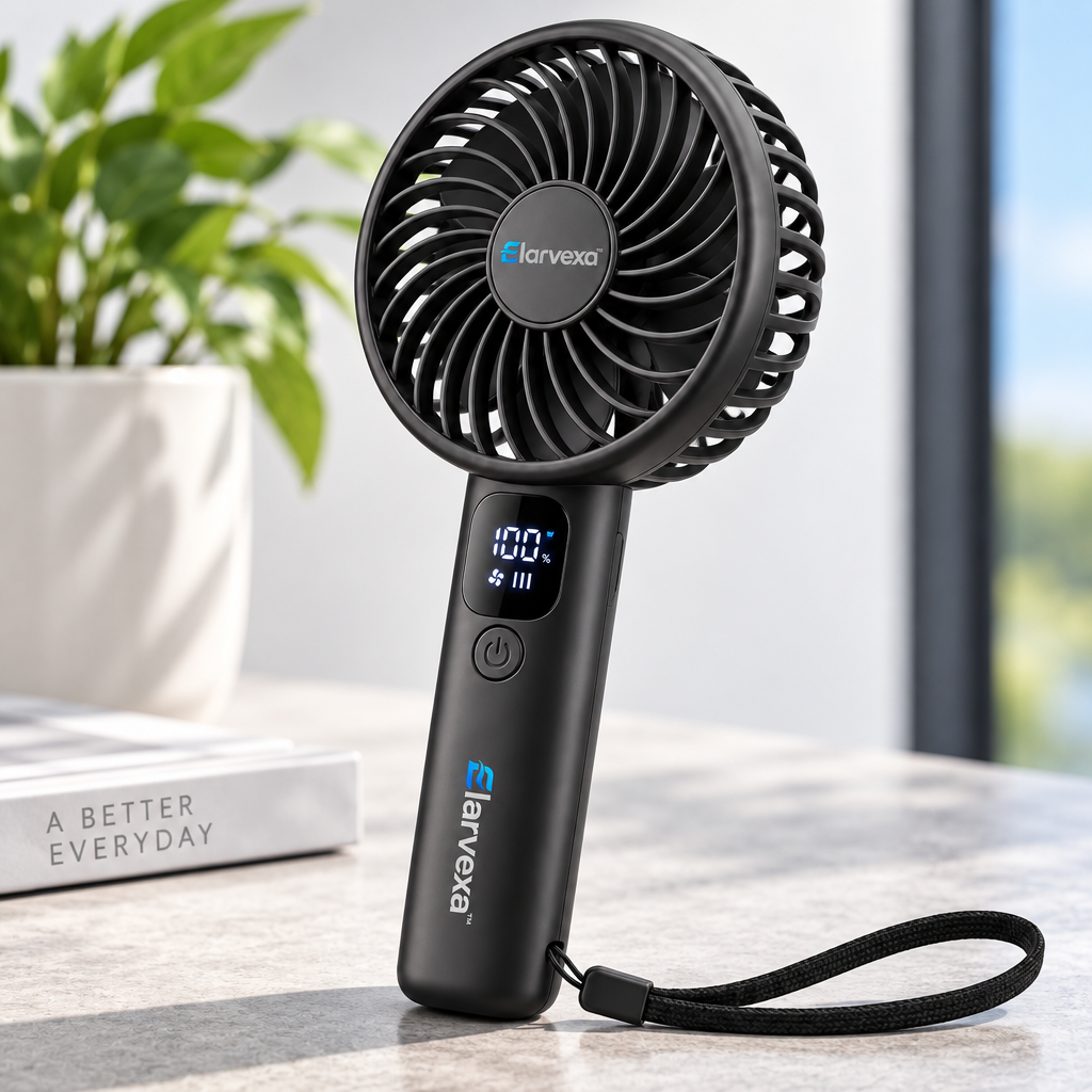 Elarvexa™ AirDial Portable Handheld Fan – 3-Speed Rechargeable Personal Fan with Digital Battery Display, Adjustable Head, USB-C Charging & Wrist Strap