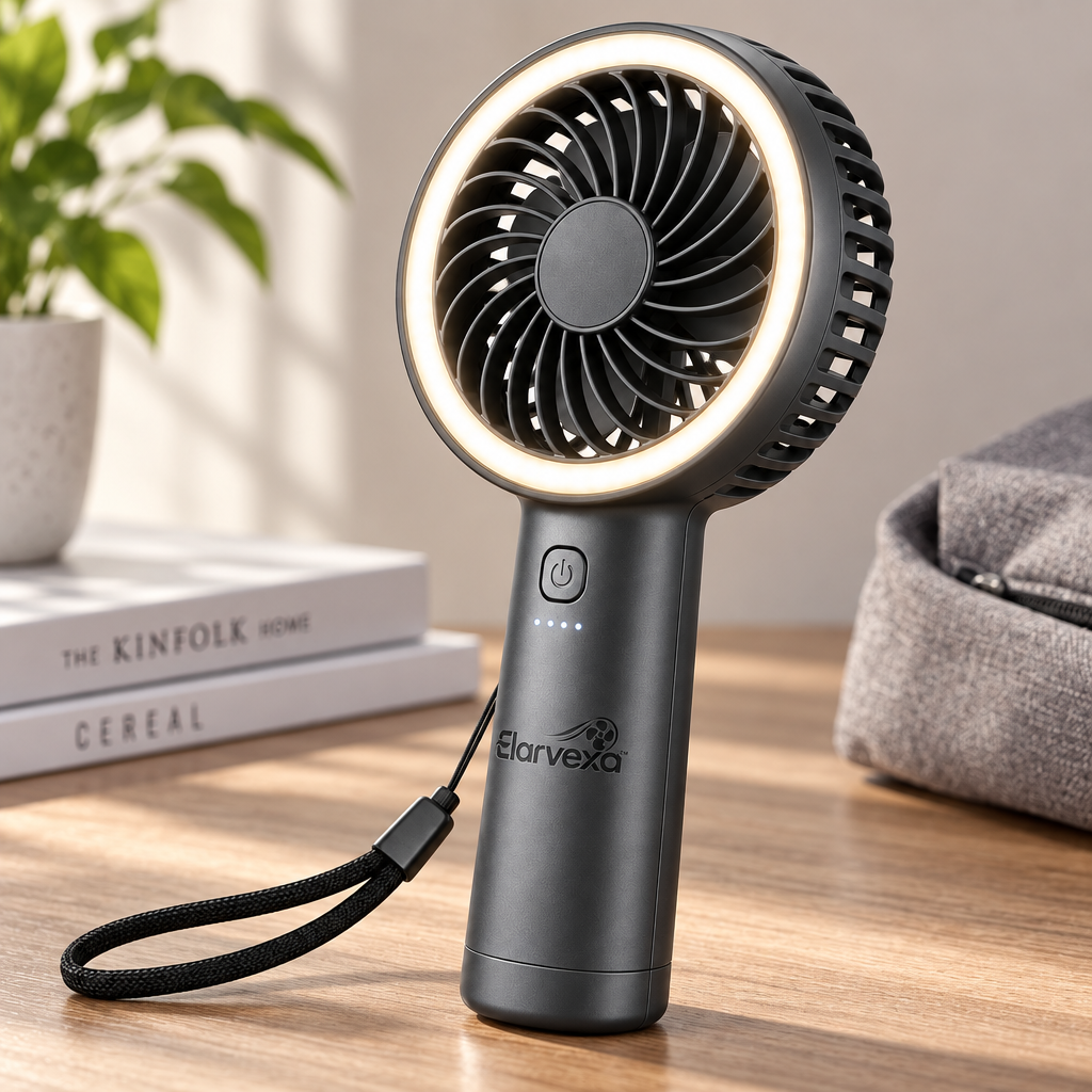 Elarvexa™ LumiBreeze Portable Fan with LED Ring Light – Handheld Personal Cooling Fan with Powerful Airflow, Built-In Light, Long-Lasting Battery & Travel-Friendly Design