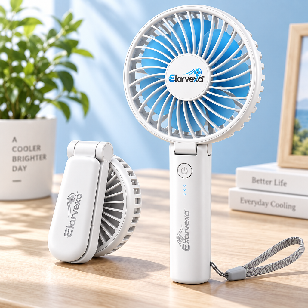Elarvexa™ FoldGo 180° Portable Fan – 3-Speed Rechargeable Handheld & Desktop Fan with Foldable Design, Adjustable Head, Lightweight Body & Wrist Strap