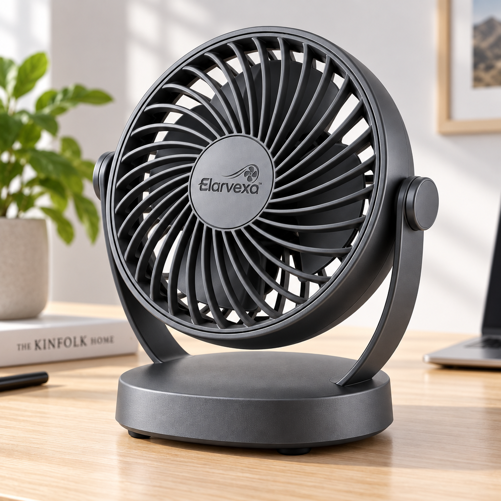 Elarvexa™ PivotAir Compact USB Desk Fan – Powerful Personal Airflow with 180° Vertical Tilt, Low-Noise Operation & Space-Saving Desktop Base