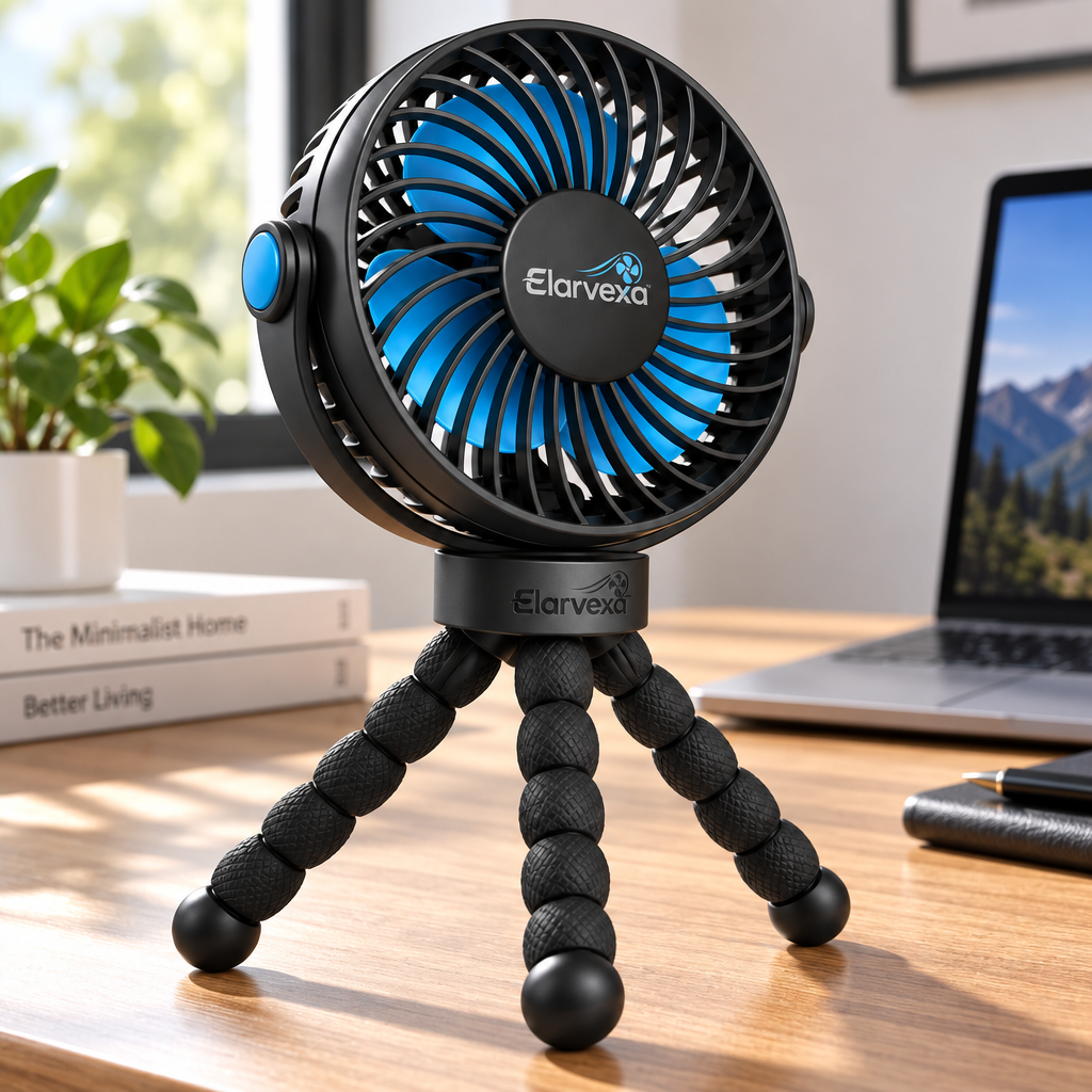 Elarvexa™ FlexPod Portable Tripod Fan – 3-Speed Personal Cooling Fan with Flexible Wraparound Legs, 360° Adjustable Airflow & Quiet Compact Design