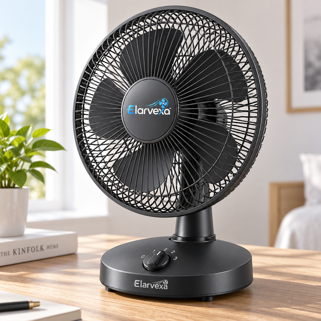 Elarvexa™ AeroSwing Oscillating Desk Fan – 3-Speed Personal Cooling Fan with 90° Wide Oscillation, 90° Adjustable Tilt, Quiet Operation & Stable Desktop Base