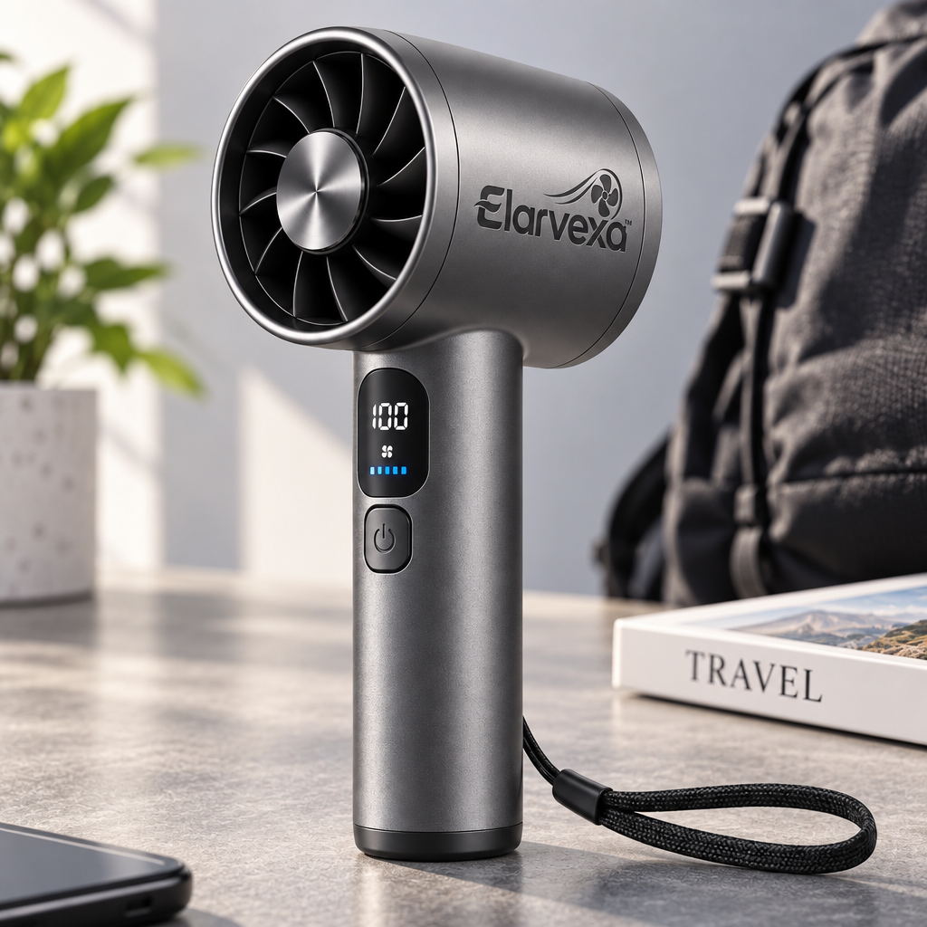 Elarvexa™ AeroPulse Handheld Turbo Fan – High-Speed Portable Personal Fan with LED Digital Display, Rechargeable Battery & Compact Travel Design